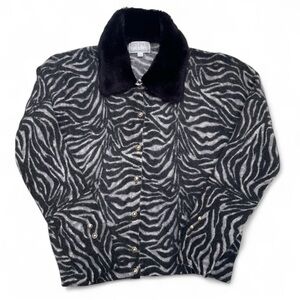 Kasper Black and Gray Zebra Print cardigan lambswool Y2K small Black Fur Collar